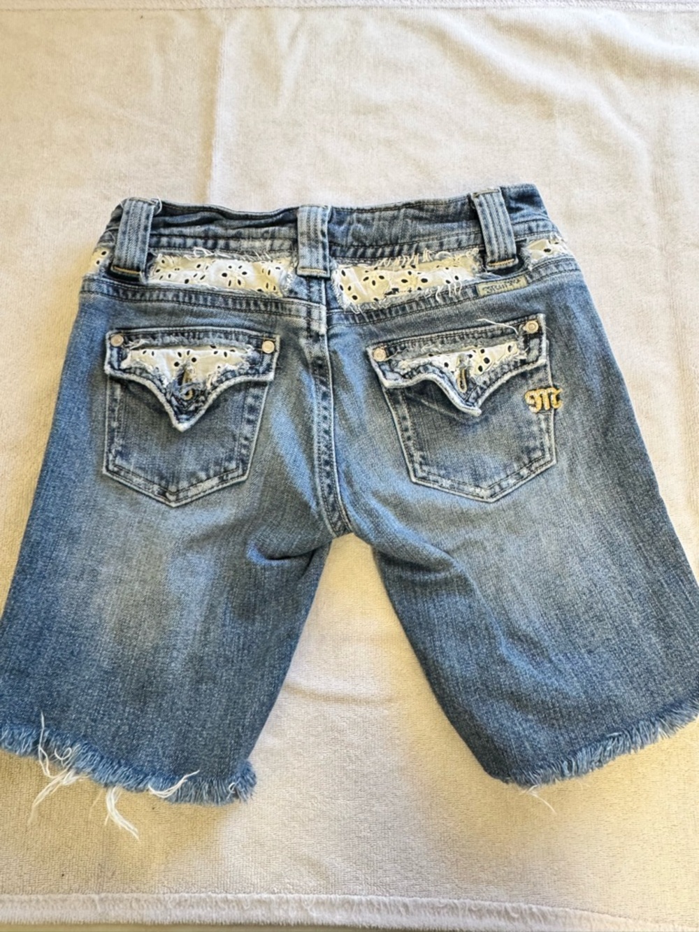 Miss Me Blue Denim Shorts with White Eyelet Trim